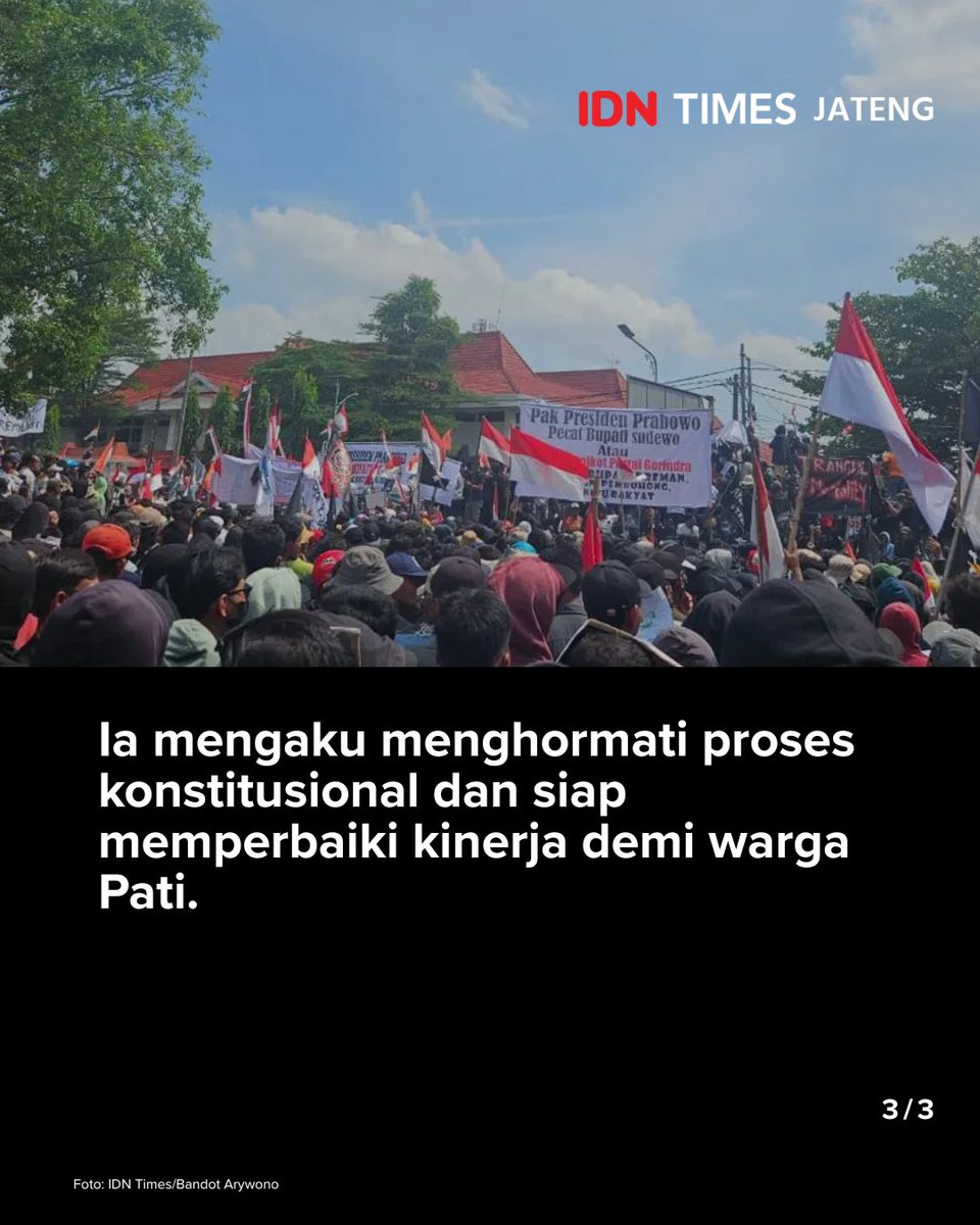 IDNTimesJateng's tweet photo. Bupati Pati Sudewo menegaskan tidak akan mundur dari jabatannya meski DPRD Pati mengusulkan pembentukan Pansus hak angket buntut gelombang protes atas kebijakan kenaikan pajak.

#IDNTimesJateng 

https://t.co/D85DtNOEAY https://t.co/Cx5rxe4gnO
