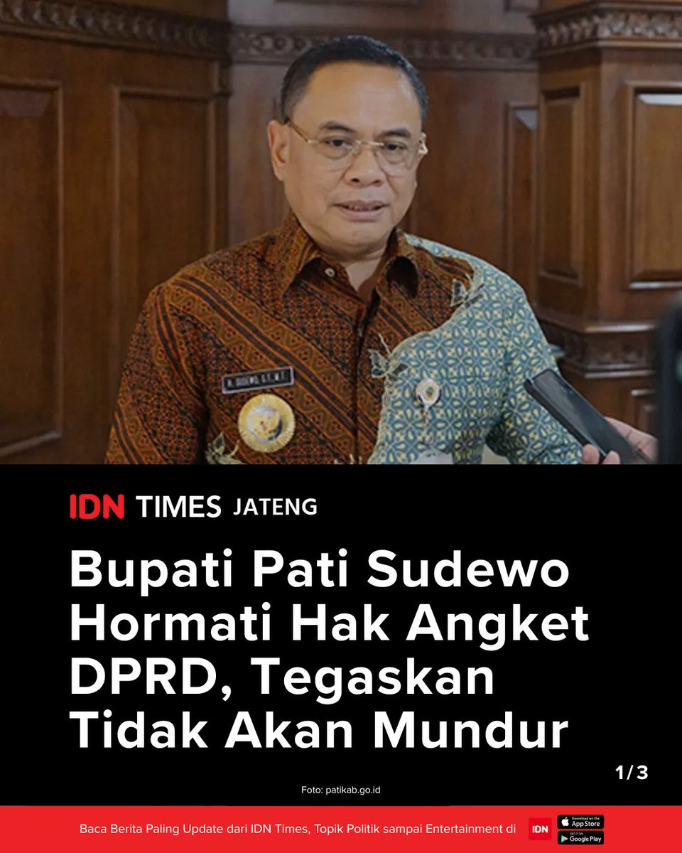 IDNTimesJateng's tweet photo. Bupati Pati Sudewo menegaskan tidak akan mundur dari jabatannya meski DPRD Pati mengusulkan pembentukan Pansus hak angket buntut gelombang protes atas kebijakan kenaikan pajak.

#IDNTimesJateng 

https://t.co/D85DtNOEAY https://t.co/Cx5rxe4gnO