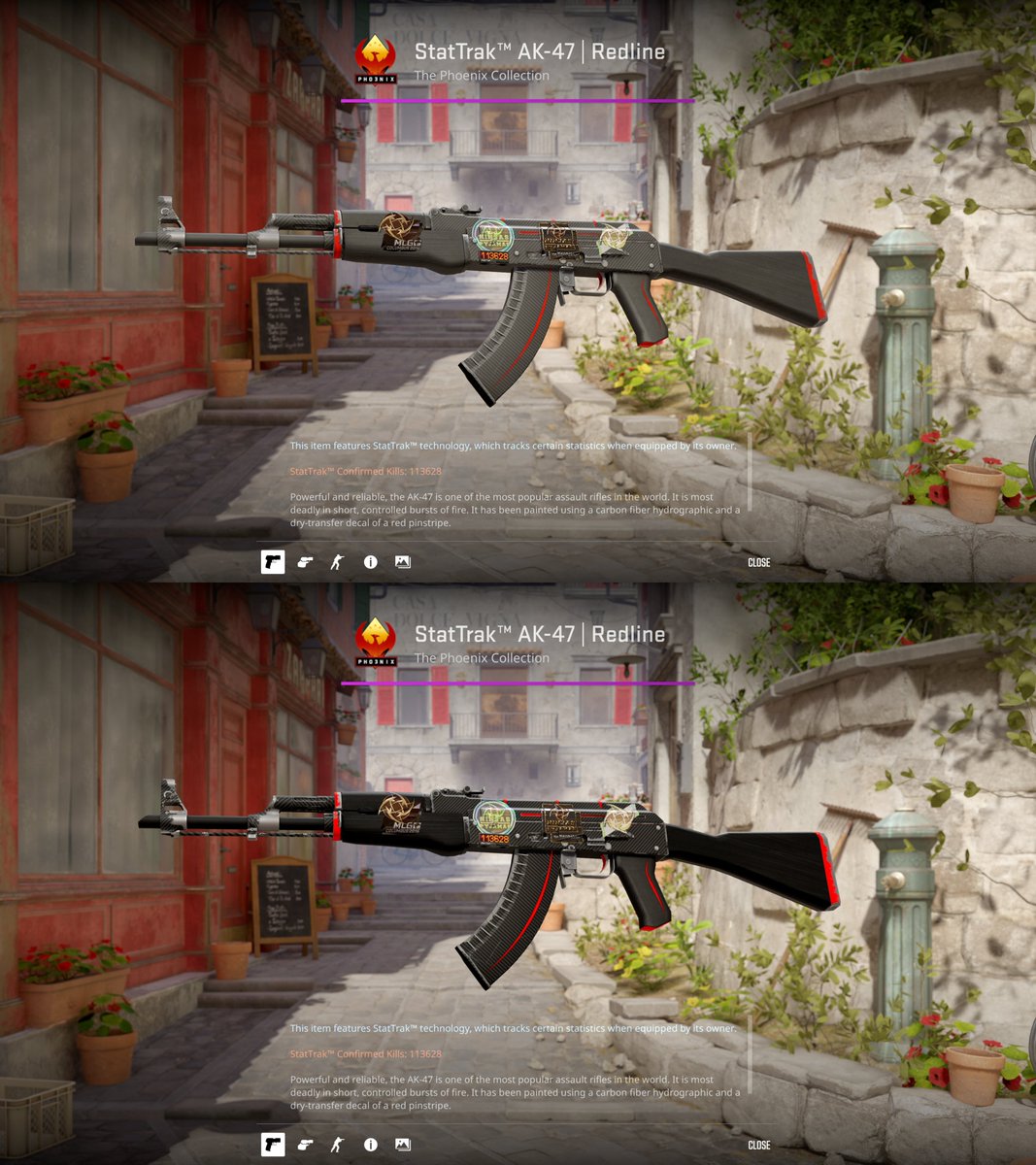 Please consider changing the texture of some skins and bringing their OG look from CSGO <a href="/CounterStrike/">CS2</a> . 
The bottom image is edited by <a href="/gemsrigregory/">Gemsri Gregory</a> and resembles the proper redline style from CSGO.
