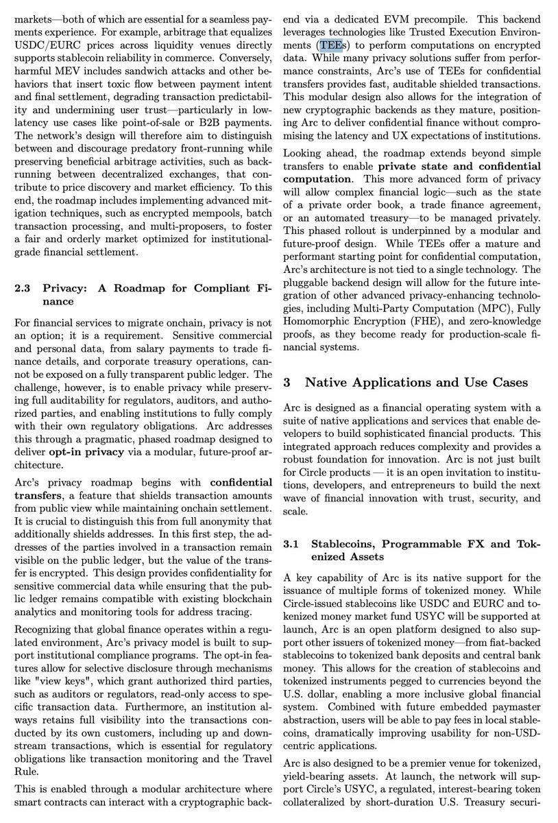 Read <a href="/arc/">Arc</a>'s litepaper. 

Section about opt-in privacy using TEEs is interesting. TEEs ensure transfer amount are confidential while the transactions are auditable for regulatory compliance. 

<a href="/MarlinProtocol/">Marlin</a> enables this out of the box in a decentralized &amp; verifiable manner.