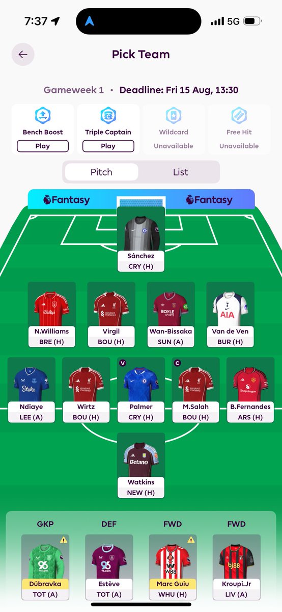 First time playing FPL and I’m hooked.  

Changed this a million times and here’s where I’m settling.  🤷‍♂️

4-5-1 the way