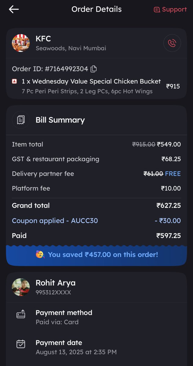 Rohit_Arya02's tweet photo. @zomato Placed my Zomato order at 2:35 PM today, got it at 4:08 PM — 1 hr 33 min late. Support keeps offering coupons instead of refund, even though the service commitment was clearly not met.
Order ID: 7164992304
@zomatoIN @zomatocare — is this how you treat loyal customers? https://t.co/jNYJFXZiUS