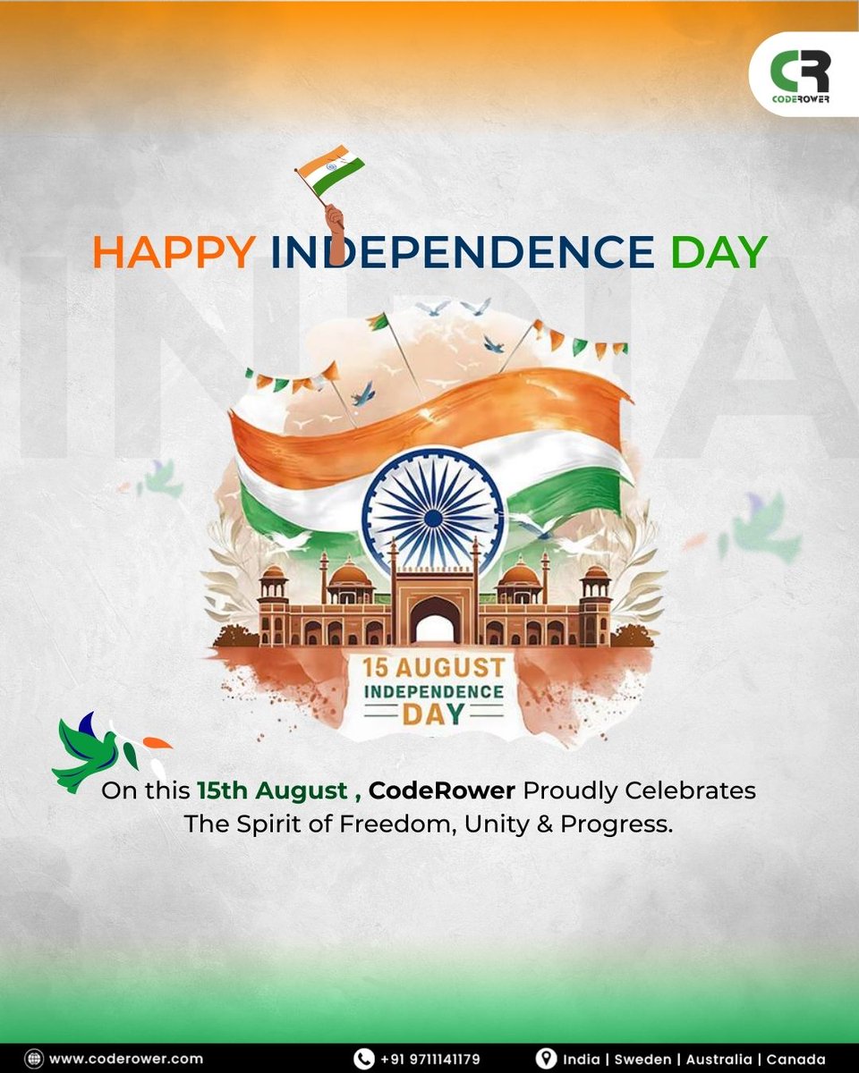 coderower's tweet image. 🇮🇳 Freedom in our hearts, progress in our vision!
On 15th August, let’s honour the sacrifices that have shaped our nation and work together for a brighter tomorrow.
✨ CodeRower wishes you a Happy Independence Day!
#happyindependenceday #coderower #freedom #unity #innovation