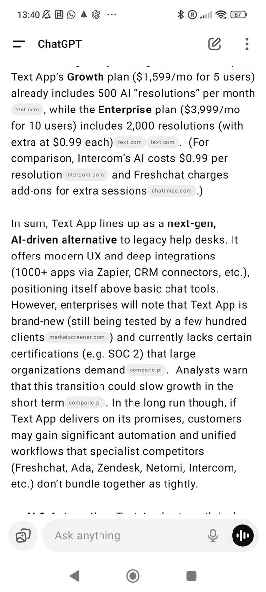 jakubhajost's tweet photo. Użyłem opcji "deep research" w chatgpt do przeanalizowania Text App i #TextSA $TXT.WA z punktu widzenia klienta Enterprise oraz inwestora długoterminowego.

Poniżej perspektywa enterprise. W kolejnym Tweecie perspektywa inwestora długoterminowego w wartość. https://t.co/MTvWT5N7GX