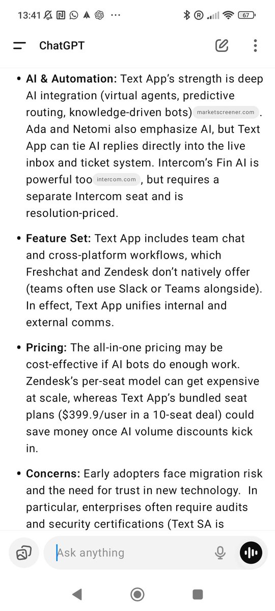 jakubhajost's tweet photo. Użyłem opcji "deep research" w chatgpt do przeanalizowania Text App i #TextSA $TXT.WA z punktu widzenia klienta Enterprise oraz inwestora długoterminowego.

Poniżej perspektywa enterprise. W kolejnym Tweecie perspektywa inwestora długoterminowego w wartość. https://t.co/MTvWT5N7GX