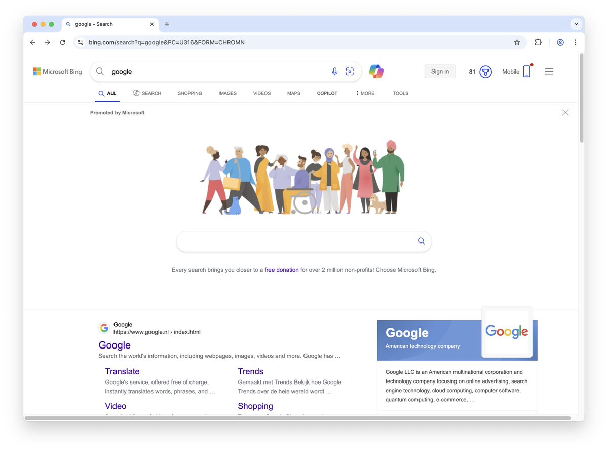 alimsky's tweet image. when you search for google in bing. It offers you a giant search box that also searches in bing.
