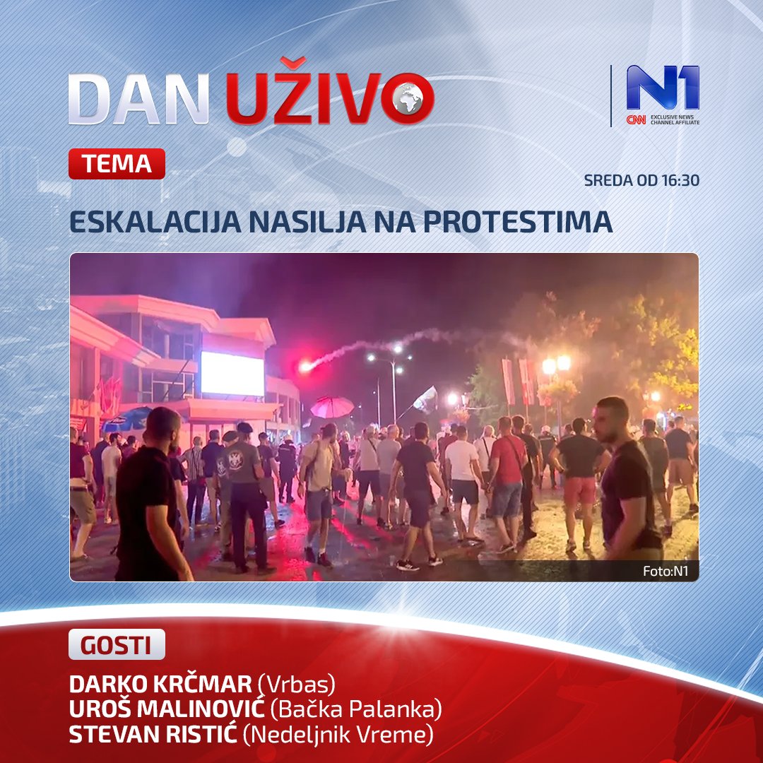 TV N1 Beograd (@n1srbija) on Twitter photo Uskoro počinje Dan uživo sa <a href="/kuvanikukuruz/">Maja Dragić 🍓</a>
Incidenti, nereagovanje policije, sukobi pristalica SNS i građana koji protestuju - više nije pitanje kad, nego gde će se desiti. Sinoć je kamenicama i vatrometom na građane krenulo u Vrbasu i Bačkoj Palanci, a protesti su se prelili i Uskoro počinje Dan uživo sa <a href="/kuvanikukuruz/">Maja Dragić 🍓</a>
Incidenti, nereagovanje policije, sukobi pristalica SNS i građana koji protestuju - više nije pitanje kad, nego gde će se desiti. Sinoć je kamenicama i vatrometom na građane krenulo u Vrbasu i Bačkoj Palanci, a protesti su se prelili i