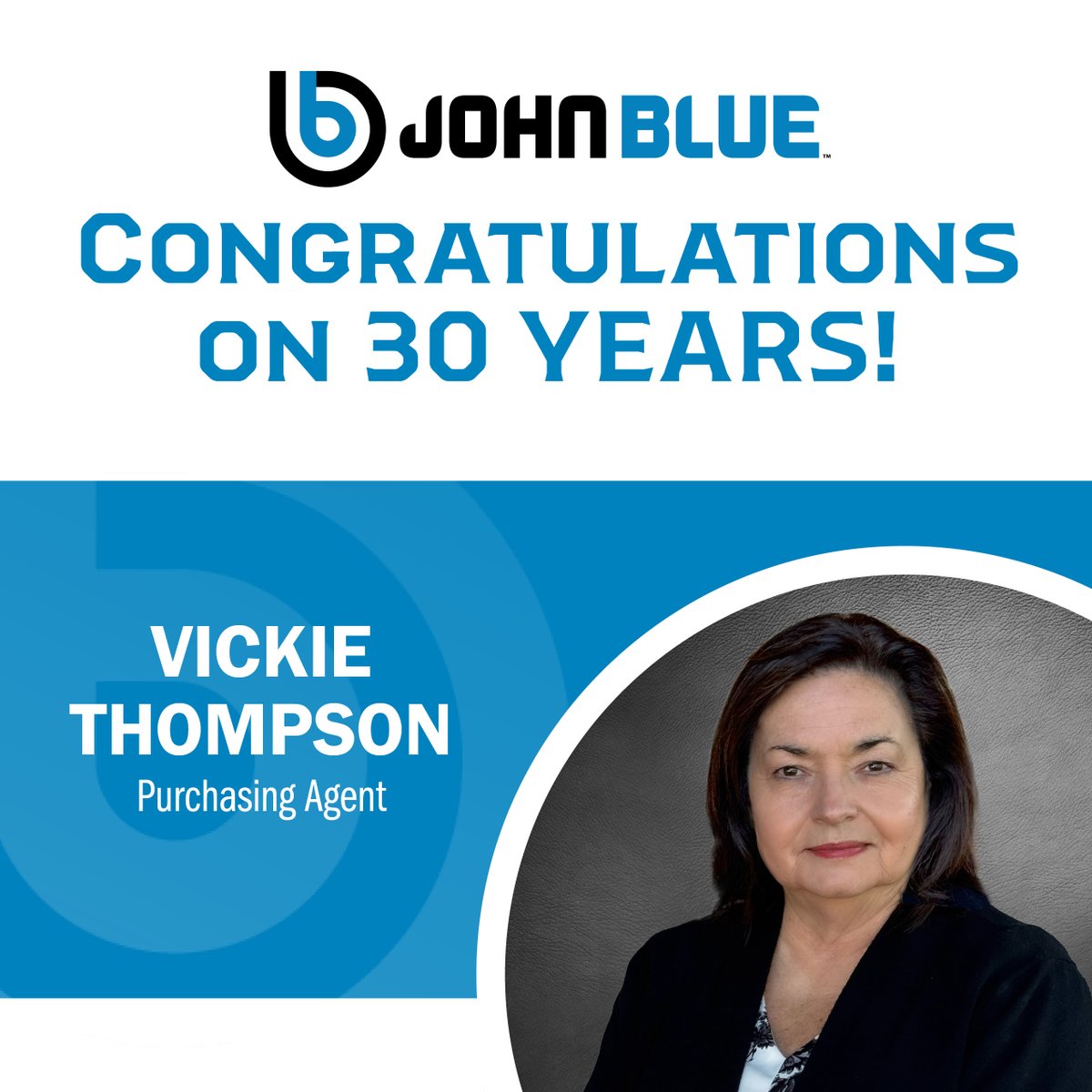JohnBlueCo's tweet photo. Join us in congratulating Vickie Thompson, our dedicated Purchasing Agent, on 30 years with John Blue Company! Thank you, Vickie, for your loyalty, expertise, and countless contributions over the years. We’re grateful for all you do!

#johnblueco #employeeanniversary #WeAreBlue https://t.co/Gu2hGMzfed
