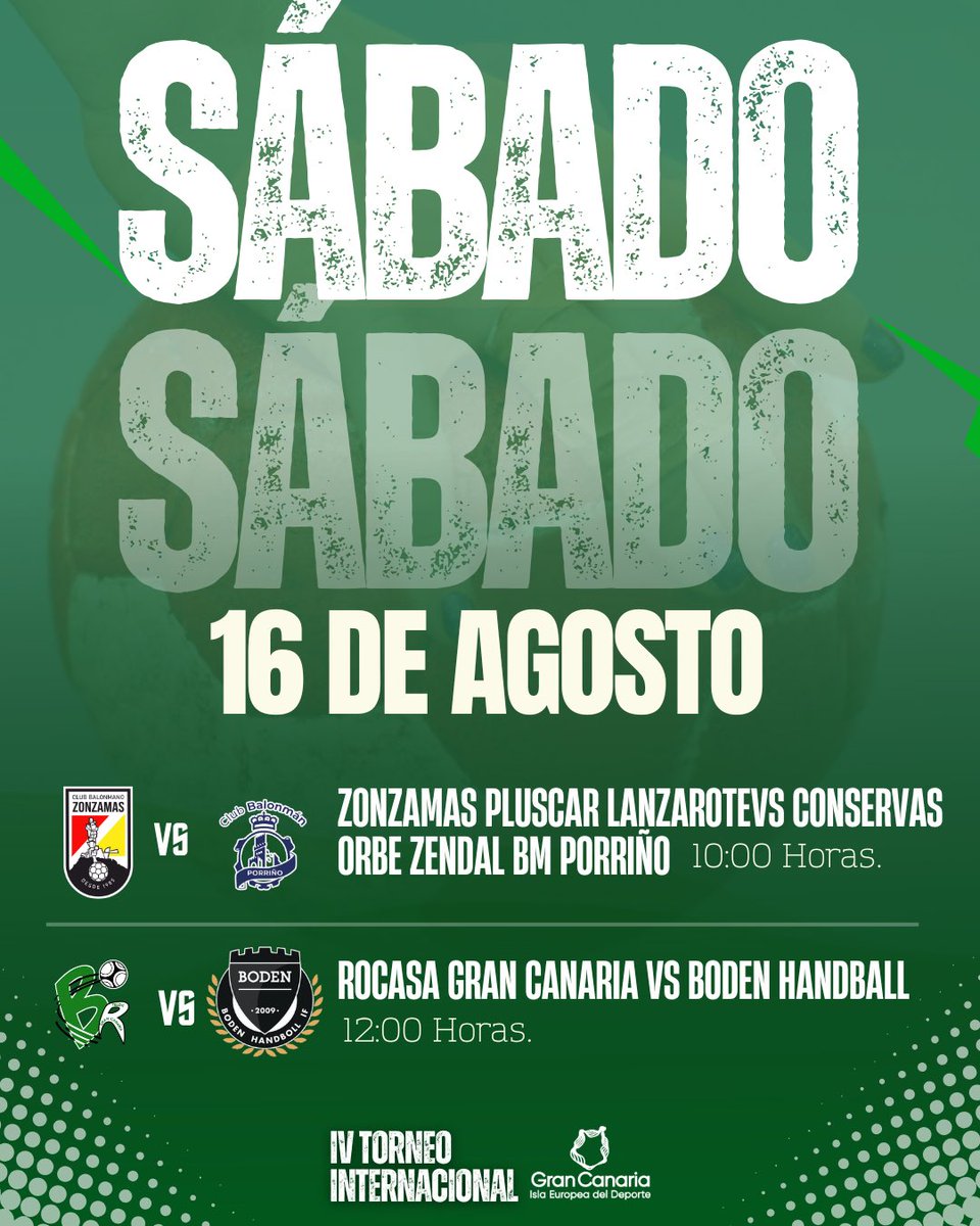 📅 Cuenta atrás para el IV Torneo Internacional 💚

Del 14 al 16 de agosto el Pabellón Insular Antonio Moreno será el escenario de tres días de balonmano de máximo nivel… ¡y con entrada gratuita! 🙌

Aquí tienes el programa completo para que no te pierdas ningún partido: