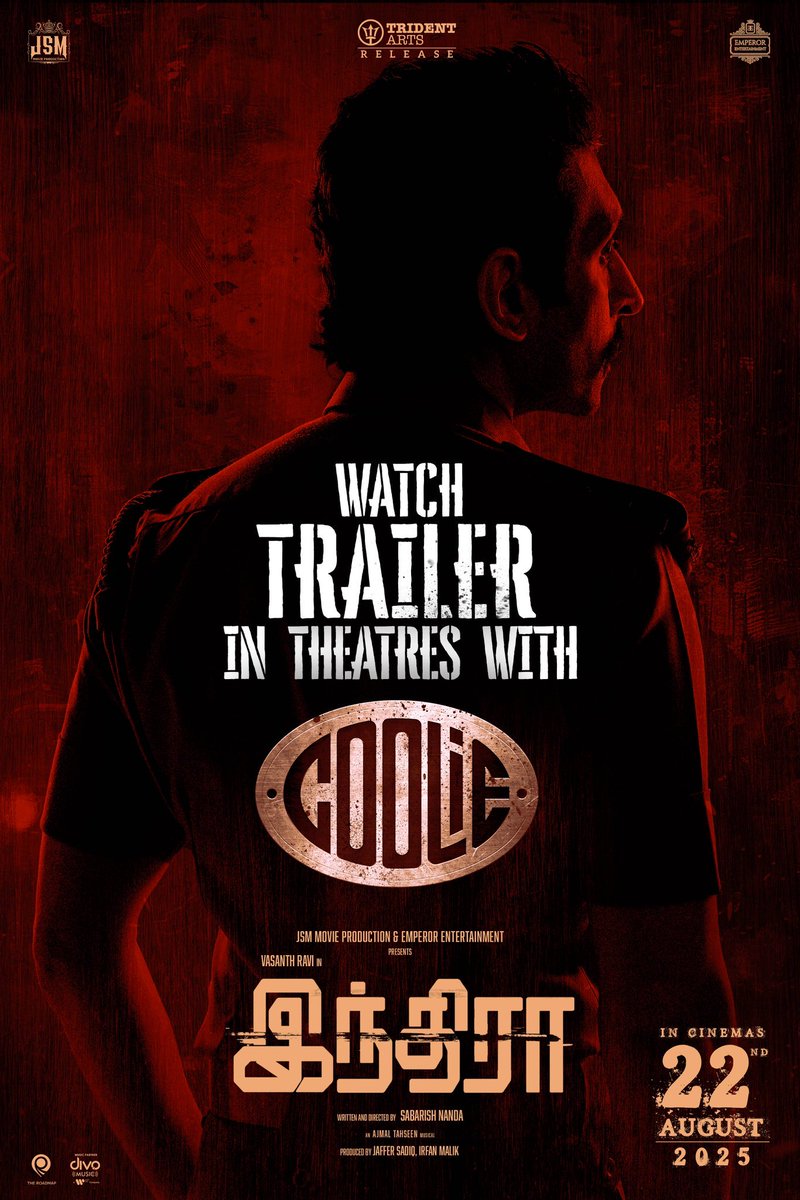 Sathish (@prosathish) on Twitter photo Watch the #INDRA trailer from tomorrow with Thalaivar’s #Coolie 🔥
9 days to go 🔥
In cinemas from Aug 22 ♥️
@jsmmovieprodn <a href="/EntEmperor/">Emperor Ent Official</a> <a href="/tridentartsoffl/">Trident Arts</a> <a href="/iamvasanthravi/">Vasanth Ravi</a> <a href="/suneeltollywood/">Suneel</a> <a href="/Mehreenpirzada/">Mehreen Pirzada👑</a>
#AnikhaSurendaran <a href="/kayoas13/">kalyan dance choreographer</a> <a href="/rajNKPK/">Rajkumar Actor</a> <a href="/sabarish_nanda/">sabarish nanda</a> <a href="/Ajmal__Tahseen/">Ajmal Tahseen</a> Watch the #INDRA trailer from tomorrow with Thalaivar’s #Coolie 🔥
9 days to go 🔥
In cinemas from Aug 22 ♥️
@jsmmovieprodn <a href="/EntEmperor/">Emperor Ent Official</a> <a href="/tridentartsoffl/">Trident Arts</a> <a href="/iamvasanthravi/">Vasanth Ravi</a> <a href="/suneeltollywood/">Suneel</a> <a href="/Mehreenpirzada/">Mehreen Pirzada👑</a>
#AnikhaSurendaran <a href="/kayoas13/">kalyan dance choreographer</a> <a href="/rajNKPK/">Rajkumar Actor</a> <a href="/sabarish_nanda/">sabarish nanda</a> <a href="/Ajmal__Tahseen/">Ajmal Tahseen</a>