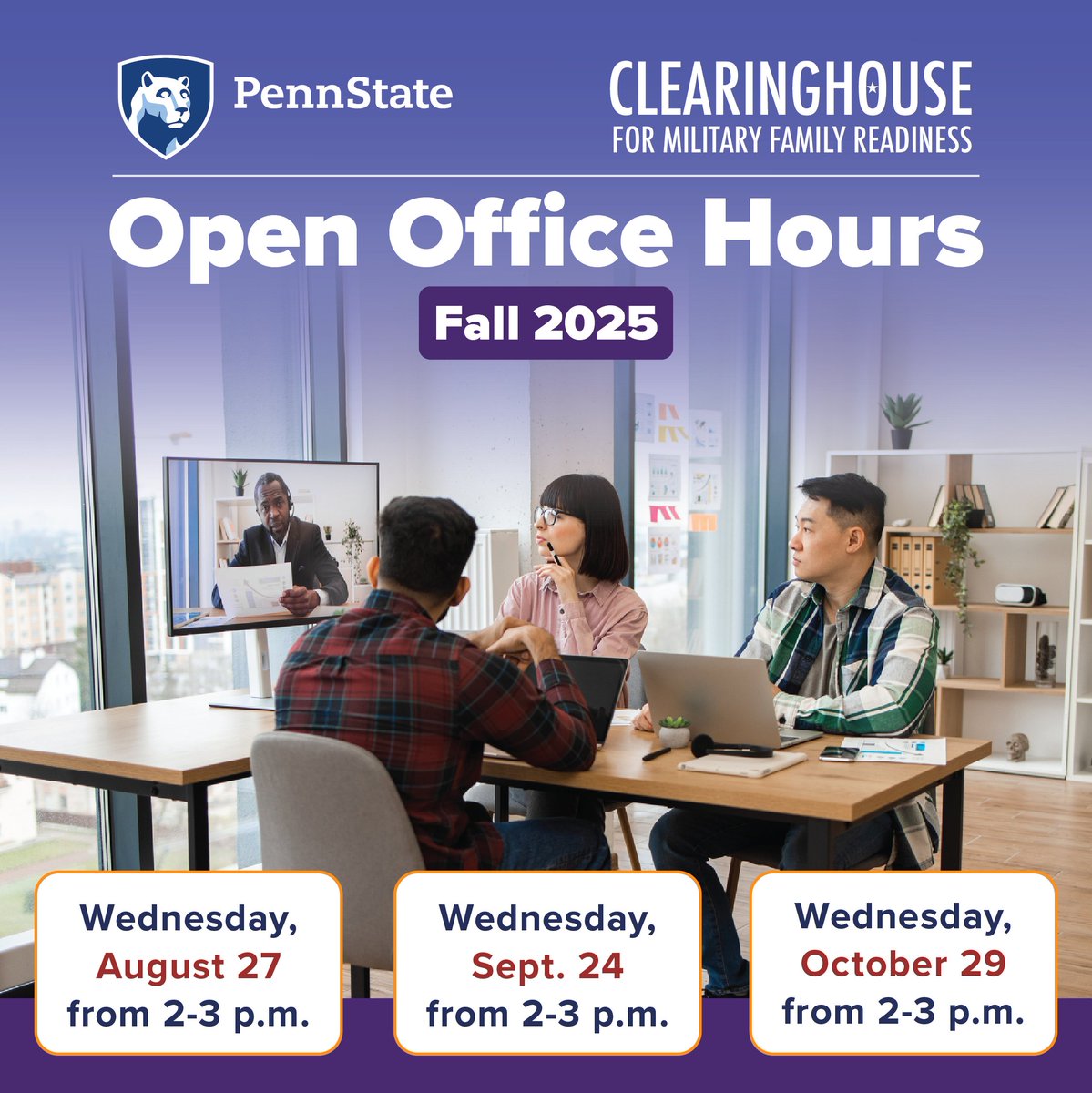 August 27th kicks off the Fall season of our #OpenOfficeHours! Join us on the last Wednesday of the month to get your questions answered by our team of researchers about #programimplementation &amp; #evaluation! Sign up today for free! militaryfamilies.psu.edu/resources/open… 

#military #research