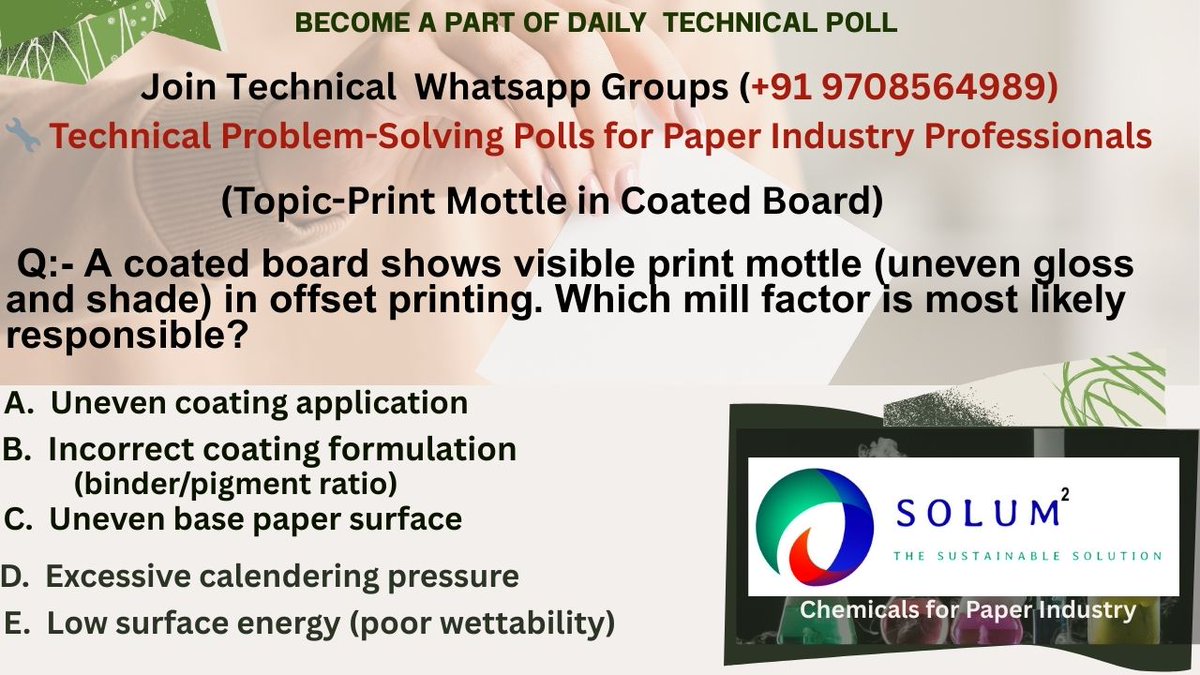 solumsquar's tweet photo. 📝 Join Our Daily Technical Polls for Paper Industry Professionals!
 🚀 Learn, share, and solve real mill problems with experts across the industry.
📌 Join WhatsApp Groups:
 🔹 Group A1: https://t.co/q7WdszmpLP 
 🔹 Group A2: https://t.co/MdDbl7hKFN
#Solumsquare https://t.co/HgD5B3QTK7