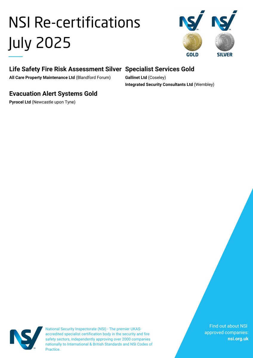 Congratulations to the companies that successfully achieved NSI recertification last month. 👏

This accomplishment highlights their continued dedication to upholding the highest standards in security and fire safety.

 More Information: tinyurl.com/46nfksxf