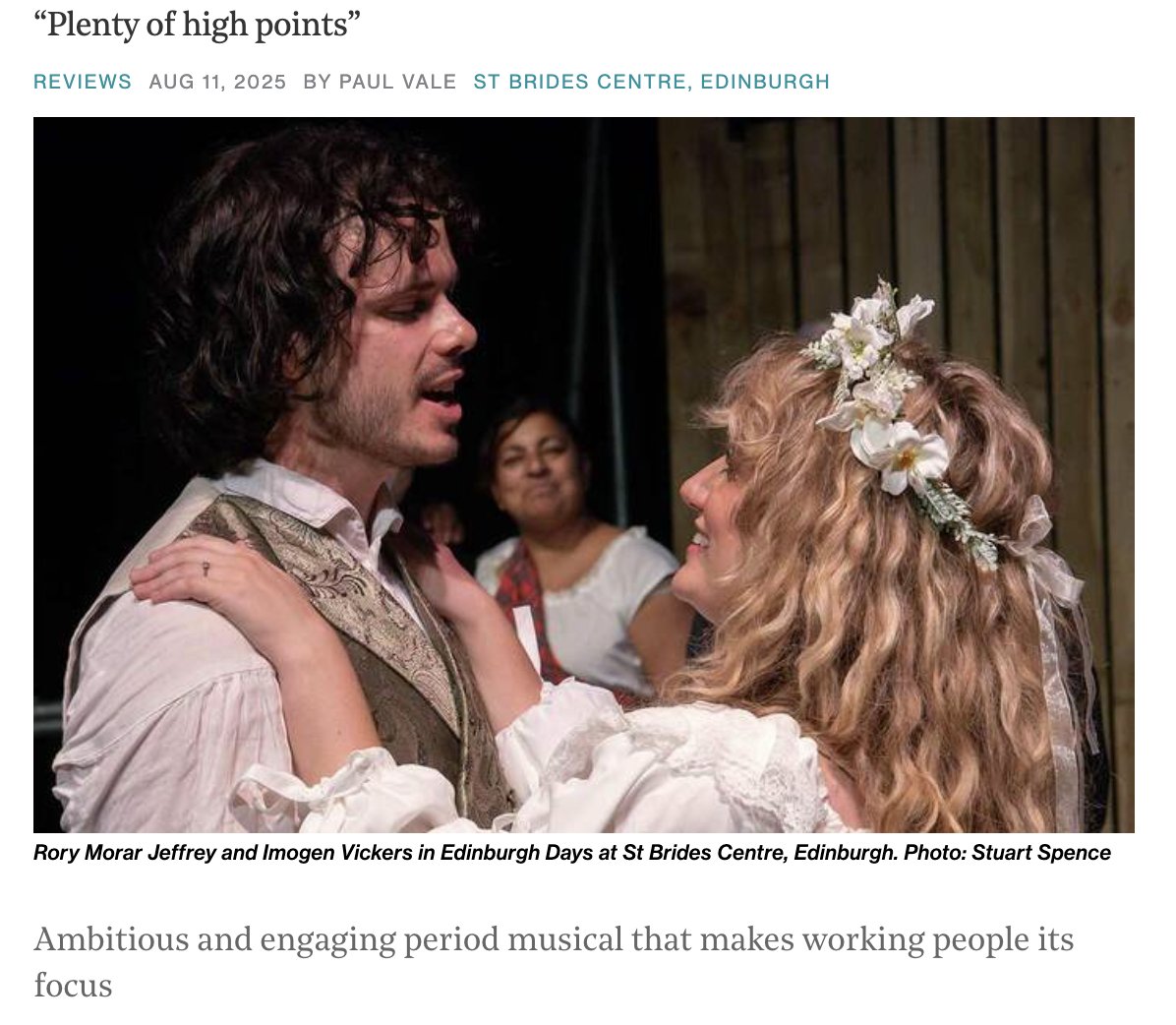 ‘Brian Spence’s sprawling rock score has plenty of high points, not least the big punchy numbers such as ‘Rode a River’ &amp; the title track’

The Stage reviews the world prem of Scottish musical Edinburgh Days – at St Bride’s Centre until 24 Aug <a href="/edfringe/">Edinburgh Festival Fringe</a> 

thestage.co.uk/reviews/edinbu…