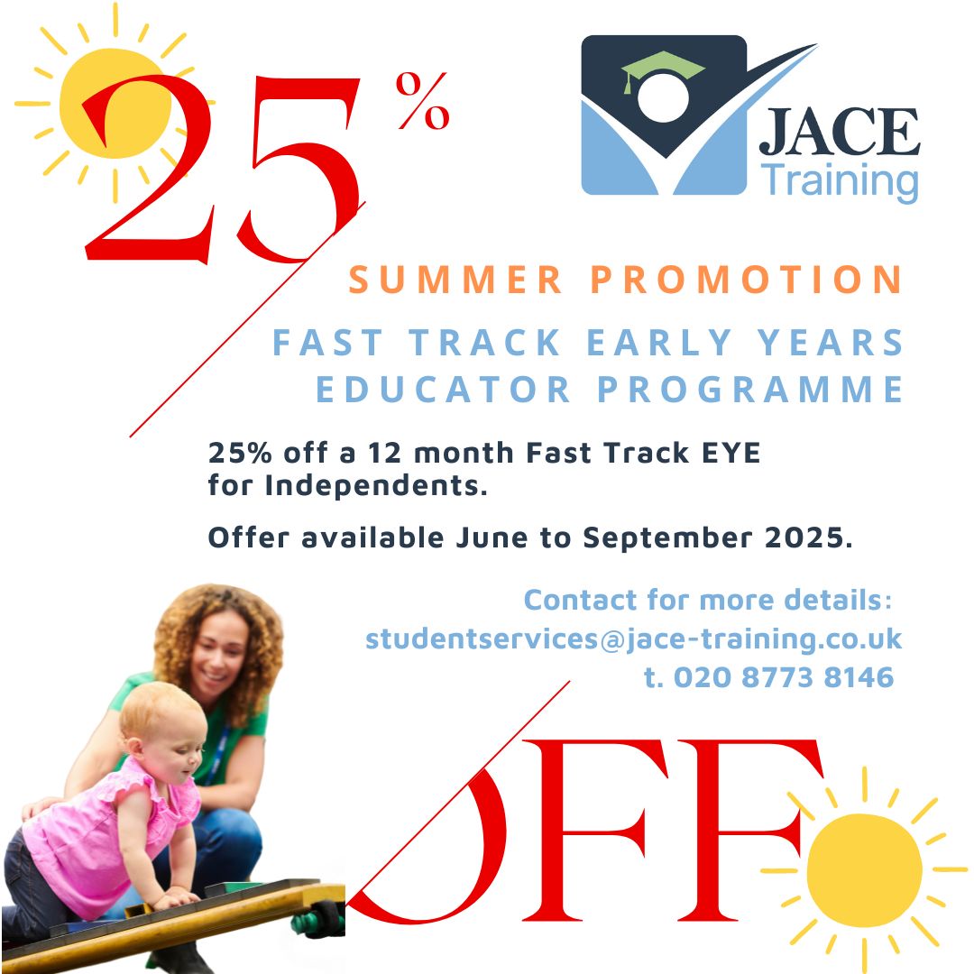 JACETraining's tweet image. Advance Your Childcare Career! There’s still time to grab our special offer! Get 25% off our Early Years Educator Fast Track Qualification. Perfect for taking your Childcare Career to the next level. #childcare #upskill #trainingprovider #Training #specialoffer