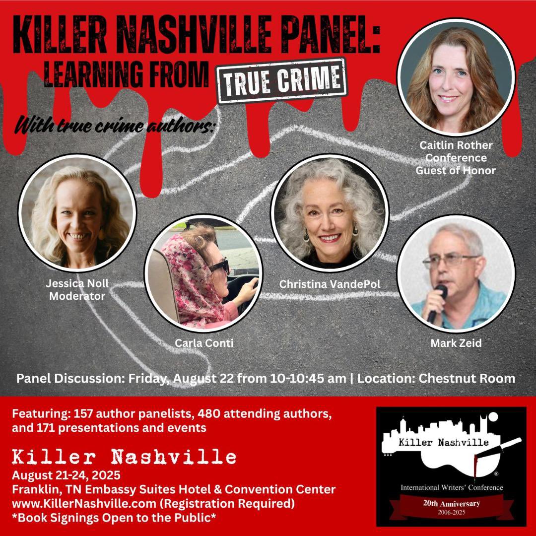 I’m so stoked to be moderating the <a href="/KillerNashville/">Killer Nashville</a> panel on LEARNING FROM TRUE CRIME w/these amazing authors!
🔪🕵🏻‍♀️🫆 

<a href="/DrVandePol/">Christina VandePol</a> <a href="/CaitlinRother/">Caitlin Rother</a> <a href="/JNJournalist/">Jessica Noll</a> #TrueCrime #truecrim #WritingCommunity #KillerNashville