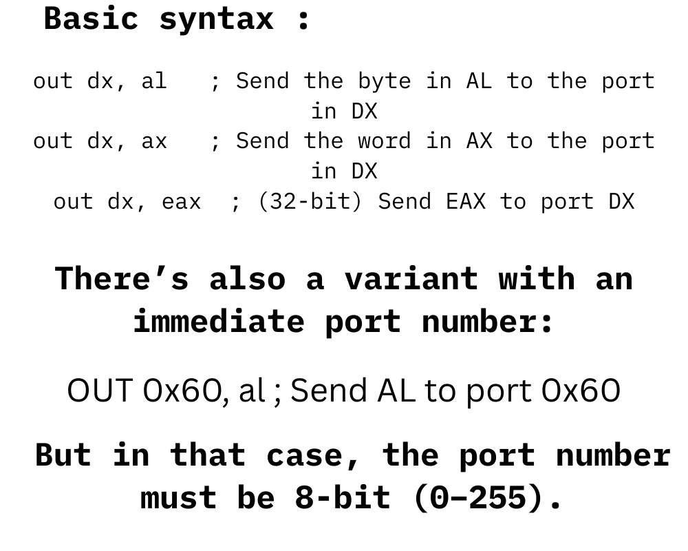 decodingbytes's tweet image. 🧠 The OUT Instruction in x86 
➡️ The OUT instruction in x86 is used for sending data from the CPU to an I/O port . It&apos;s part of the port-mapped I/O system, which is different from regular memory access.
