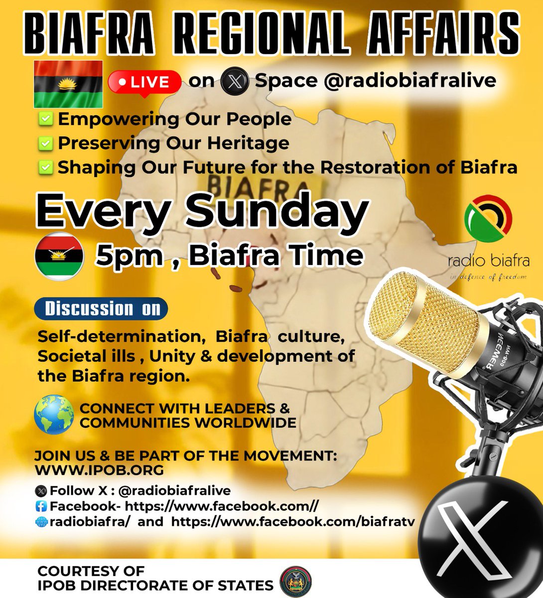 COMING SOON! 

Biafra Regional Affairs
LIVE on X Space <a href="/radiobiafralive/">Radio Biafra</a>

 *Empowering Our People
 *Preserving Our Heritage 
 *Shaping Our Future for the Restoration of Biafra
 
🗓 Every Sunday • 5pm , Biafra Time�

📍 Discussion on; 
*Self-determination,  
* Biafra  culture ,