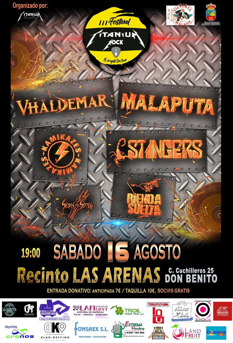 Don Benito!!! Este sábado 16 tenemos una cita en el Festival Titanium Rock. Id calentando... 🔥

Entradas disponibles en: entradium.com/es/events/iii-…