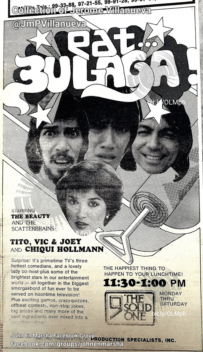 JmPVillanueva's tweet photo. #LOOK: I found the historic newspaper ad for the episode one (pilot episode) of the country's longest-running noontime show "Eat...Bulaga!." I discovered this in the July 30, 1979 edition of the Philippines Daily Express  newspaper I browsed at the UST Library.  @eatbulaga_TVJ https://t.co/SpAlxWJlmw