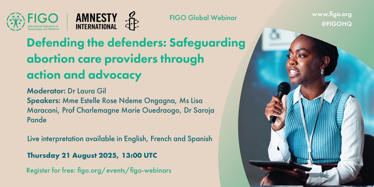 Gender & Development Network (@gad_network) on Twitter photo Upcoming webinar from <a href="/FIGOHQ/">FIGO HQ</a> & <a href="/amnesty/">Amnesty International</a>: โDefending the defenders: Safeguarding abortion care providersโ
Join this discussion for advocacy & policy strategies to protect abortion care providers as human rights defenders.
๐๏ธ21 Aug, 2pm BST
๐ Register: figo.ooo/4lTi7VW Upcoming webinar from <a href="/FIGOHQ/">FIGO HQ</a> & <a href="/amnesty/">Amnesty International</a>: โDefending the defenders: Safeguarding abortion care providersโ
Join this discussion for advocacy & policy strategies to protect abortion care providers as human rights defenders.
๐๏ธ21 Aug, 2pm BST
๐ Register: figo.ooo/4lTi7VW