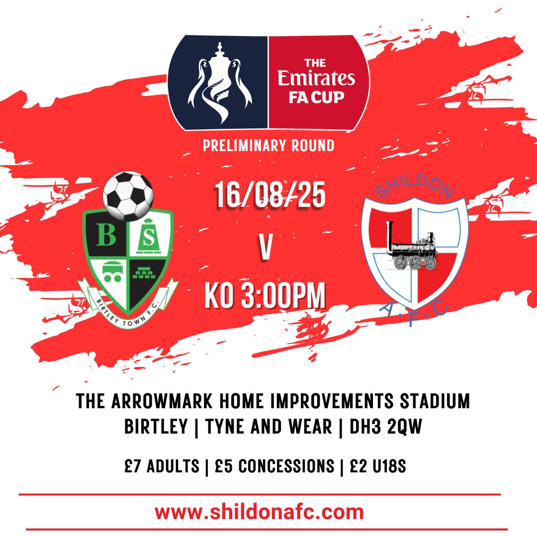 ⚽️ Shildon AFC ⚽️🚂 (@official_safc) on Twitter photo NEXT UP! It's back to the <a href="/EmiratesFACup/">Emirates FA Cup</a> this Saturday for a preliminary round fixture against <a href="/BirtleyTFC/">Birtley Town FC</a>. Kick-off is 3:00pm. Let's have that fantastic support cheering on the Railwaymen!👍👏
🔴⚪️🚂⚽️ NEXT UP! It's back to the <a href="/EmiratesFACup/">Emirates FA Cup</a> this Saturday for a preliminary round fixture against <a href="/BirtleyTFC/">Birtley Town FC</a>. Kick-off is 3:00pm. Let's have that fantastic support cheering on the Railwaymen!👍👏
🔴⚪️🚂⚽️