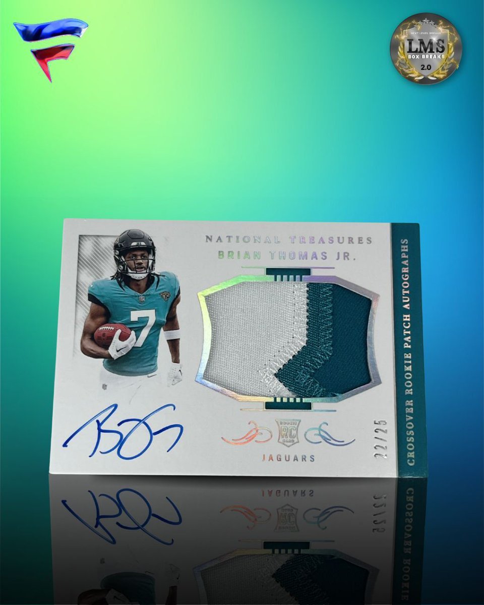 🔥 ROOKIE HEAT! 🔥 

Check out this 2025 Panini National Treasures Brian Thomas Jr. Crossover Rookie Patch Auto — numbered 22/25! 🏈💎 A stunning patch, crisp auto, and limited to just 25 in the world. Jaguars fans, this one’s a beauty! 

#NationalTreasures #RPA #BrianThomasJr