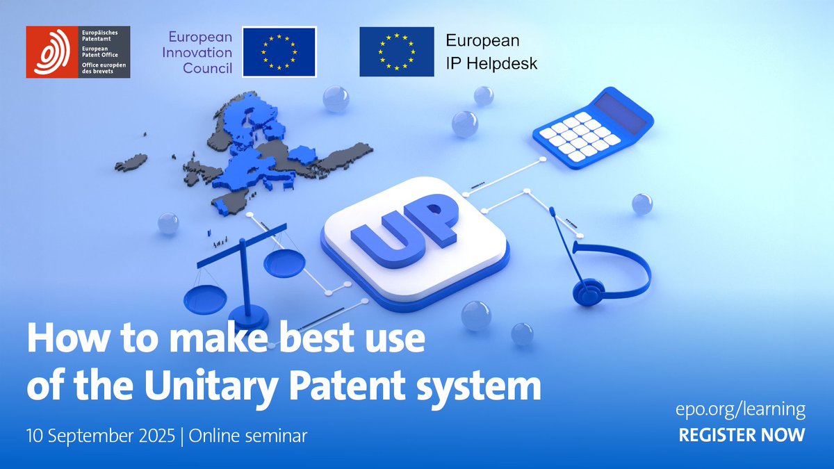 EuropeanPatentOffice (@epoorg) on Twitter photo 💡 How can your business strategically use the #UnitaryPatent system?
Join our free online seminar to explore how tech-driven #SMEs can monetise #IP through smart patent strategies.
🗓️ 10 Sep
🔗 Register by 9 Sep: bit.ly/3H4G0uG
<a href="/EUeic/">European Innovation Council</a> <a href="/IPRHelpdesk/">European IP Helpdesk</a>
#IPTraining 💡 How can your business strategically use the #UnitaryPatent system?
Join our free online seminar to explore how tech-driven #SMEs can monetise #IP through smart patent strategies.
🗓️ 10 Sep
🔗 Register by 9 Sep: bit.ly/3H4G0uG
<a href="/EUeic/">European Innovation Council</a> <a href="/IPRHelpdesk/">European IP Helpdesk</a>
#IPTraining