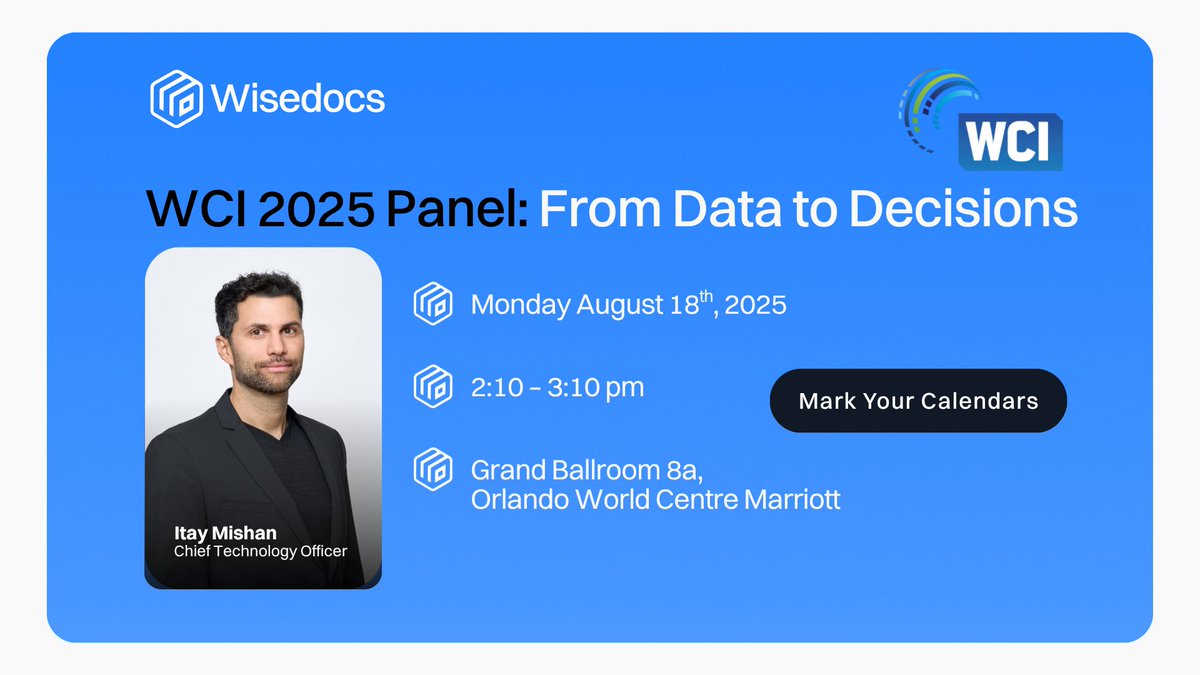 Wisedocs (@wisedocsai) on Twitter photo ๐ฃ Catch Wisedocs at #WCI2025 with <a href="/wci360/">Workers' Compensation Institute</a>
Hear from our CTO, Itay Mishan, on how #AI and expert oversight are reshaping workersโ comp claims.
๐
Aug 18, 2:10 to 3:10
๐ Grand Ballroom 8A, Orlando World Centre Marriott
๐ฅ Add it to your calendar hubs.ly/Q03Cc6Fw0 ๐ฃ Catch Wisedocs at #WCI2025 with <a href="/wci360/">Workers' Compensation Institute</a>
Hear from our CTO, Itay Mishan, on how #AI and expert oversight are reshaping workersโ comp claims.
๐
Aug 18, 2:10 to 3:10
๐ Grand Ballroom 8A, Orlando World Centre Marriott
๐ฅ Add it to your calendar hubs.ly/Q03Cc6Fw0