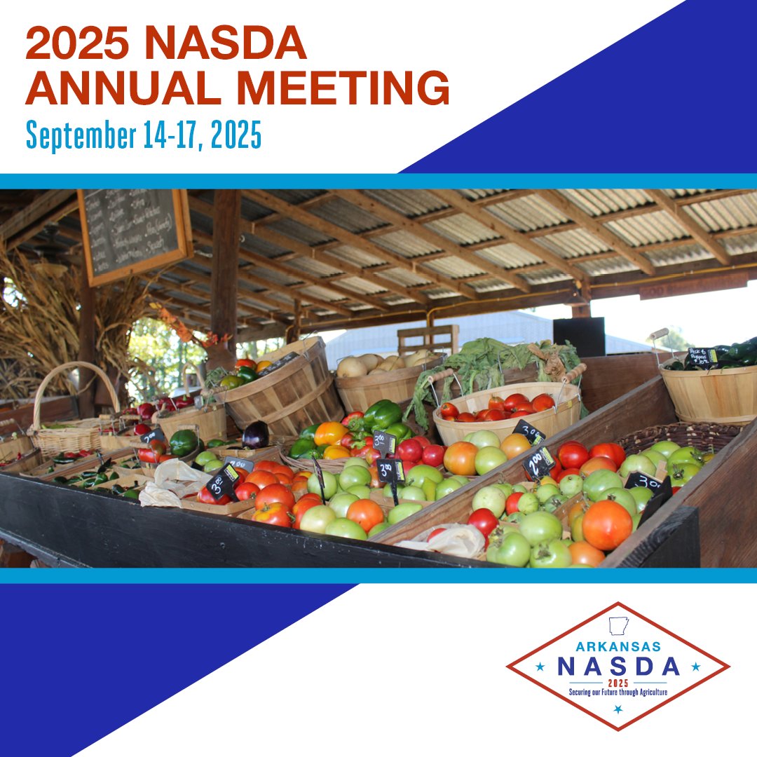 Don't forget - Registration for the 2025 NASDA Annual Meeting, hosted by <a href="/ARDeptAg/">Arkansas Department of Agriculture</a>, is open! Join the commissioners, secretaries and directors of agriculture in Rogers, Arkansas for discussions on challenges and opportunities in agriculture and the innovations, policies and