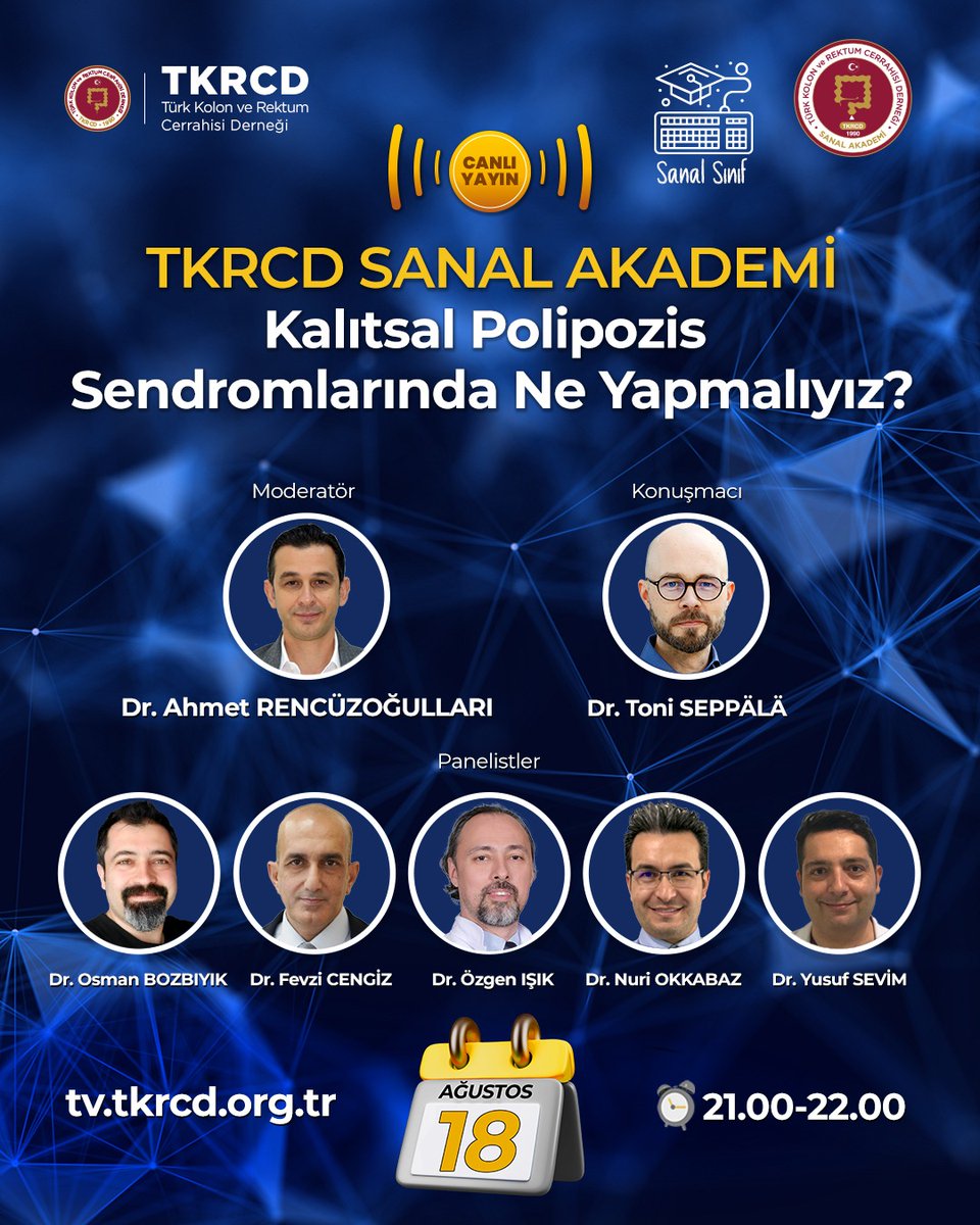 🎯 Kalıtsal Polipozis Sendromlarında Ne Yapmalıyız?

Dr. Ahmet Rencüzoğulları moderatörlüğünde gerçekleşecek sanal sınıf etkinliğinde Dr. Toni Seppälä bizlerle deneyimlerini paylaşacak. 

Panelistler
Dr. Osman Bozbıyık
Dr. Fevzi Cengiz
Dr. Özgen Işık
Dr. Nuri Okkabaz
Dr. Yusuf