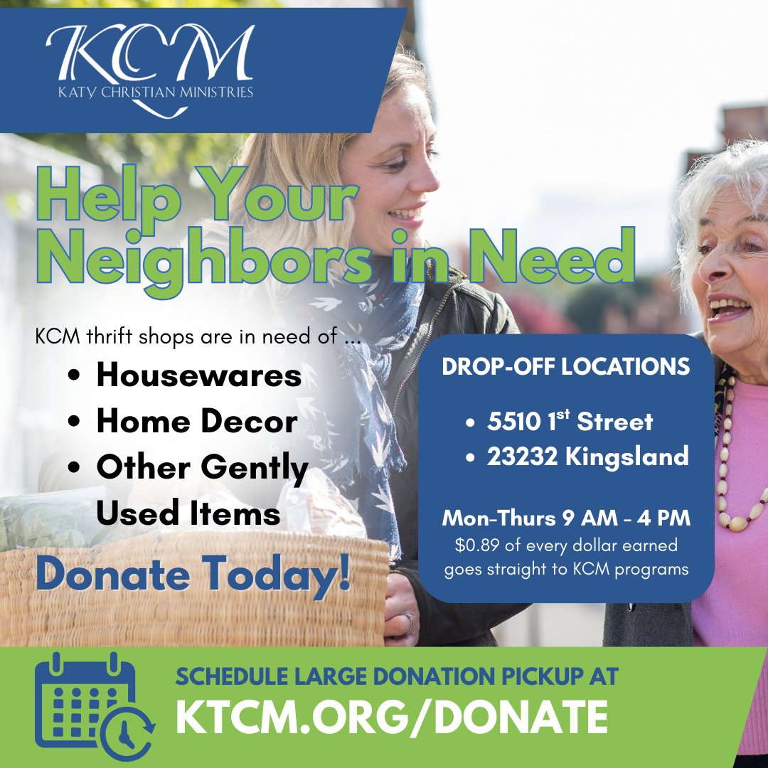 🛍️ Donate Today — Help Your Neighbors in Need! 🛍️
🚚 Have large items? Schedule a pickup at ktcm.org/donate 

#KCMThrift #DonateLocal #ThriftForGood #KatyTX #SupportCommunity #GiveBack