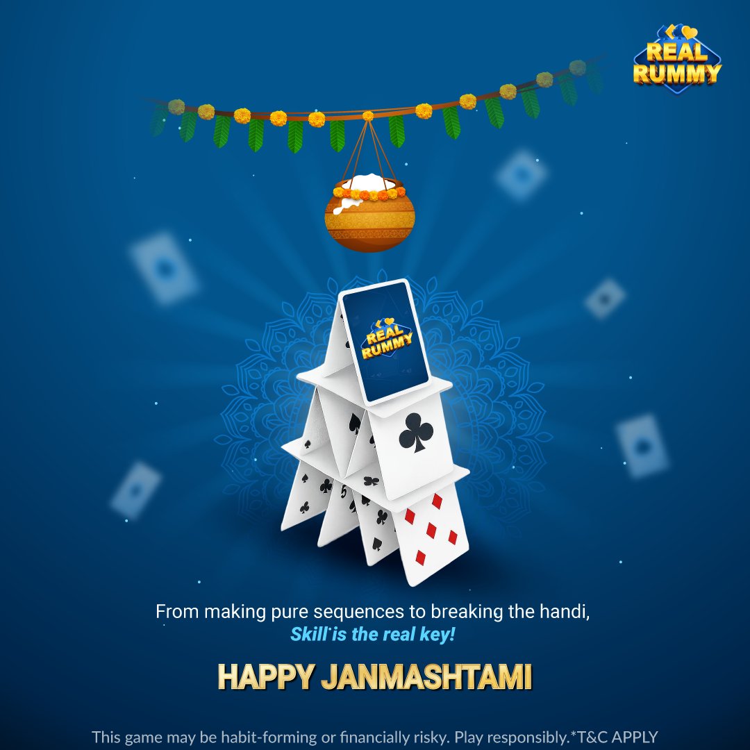 realrummyapp's tweet photo. This Janmashtami, aim higher than the handi, smash your way to mega rummy winnings🪅♠️♥️

#happyjanamashtami #realrummy https://t.co/gOjJYOXbJn