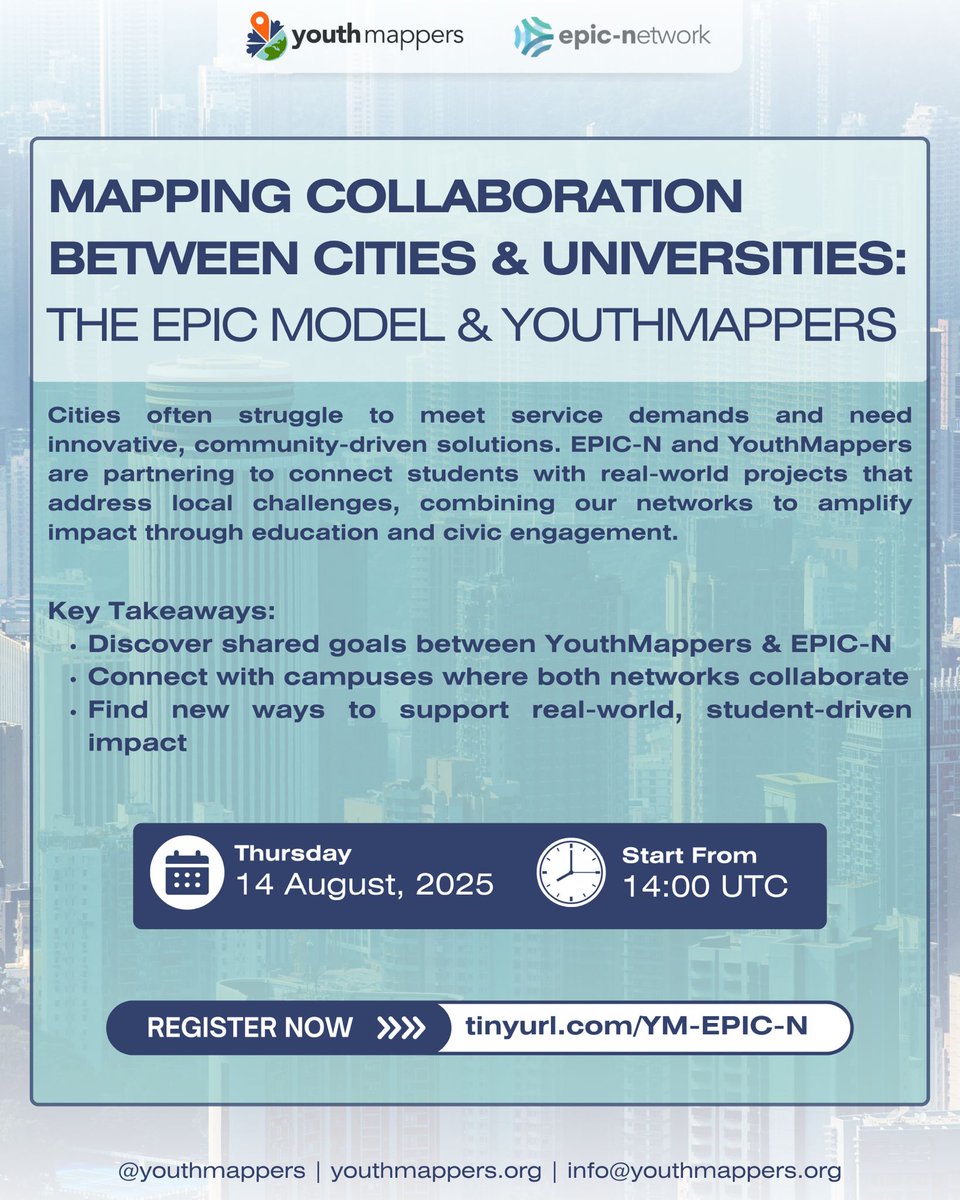 YouthMappers (@youthmappers) on Twitter photo Hey YouthMappers, 👋🏾😉
Let’s connect here to learn with other like-minded students to tackle local challenges and amplify impact through education and civic engagement! <a href="/EPICNtweet/">EPIC-Network</a> #comfort #taylor ✨
Register: tinyurl.com/YM-EPIC-N Hey YouthMappers, 👋🏾😉
Let’s connect here to learn with other like-minded students to tackle local challenges and amplify impact through education and civic engagement! <a href="/EPICNtweet/">EPIC-Network</a> #comfort #taylor ✨
Register: tinyurl.com/YM-EPIC-N