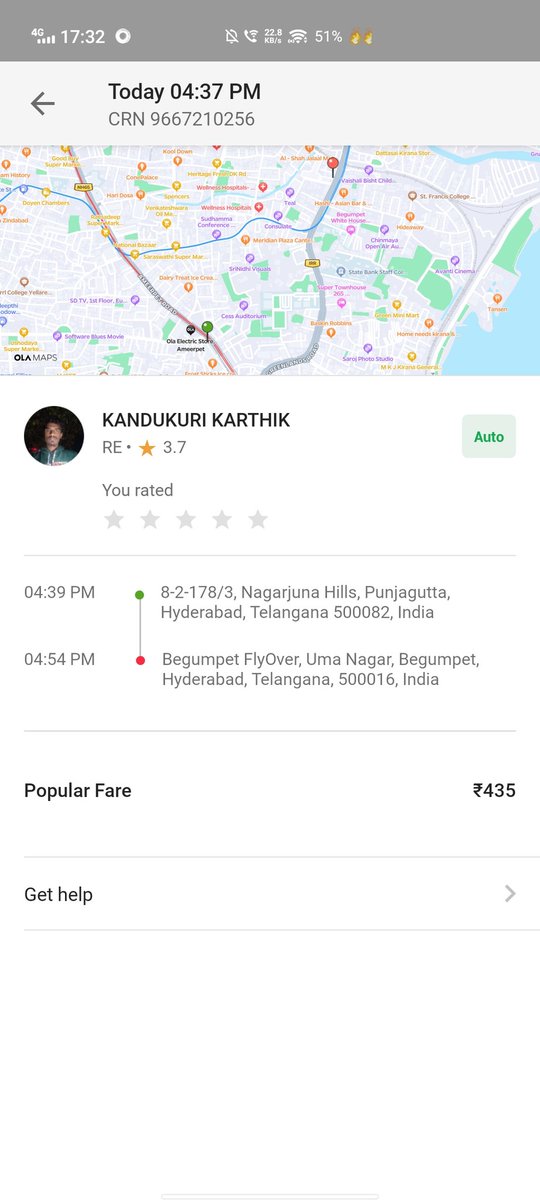 saidivyaavanch's tweet photo. @Olacabs I kindly request you to please look into my issue. I have booked auto to nagaram and the auto driver suddenly stop the rise at Begumpet saying the destination is this. Even if the location was from galleria to Begumpet how come the price is 435/-?? https://t.co/a05J9NSj0s