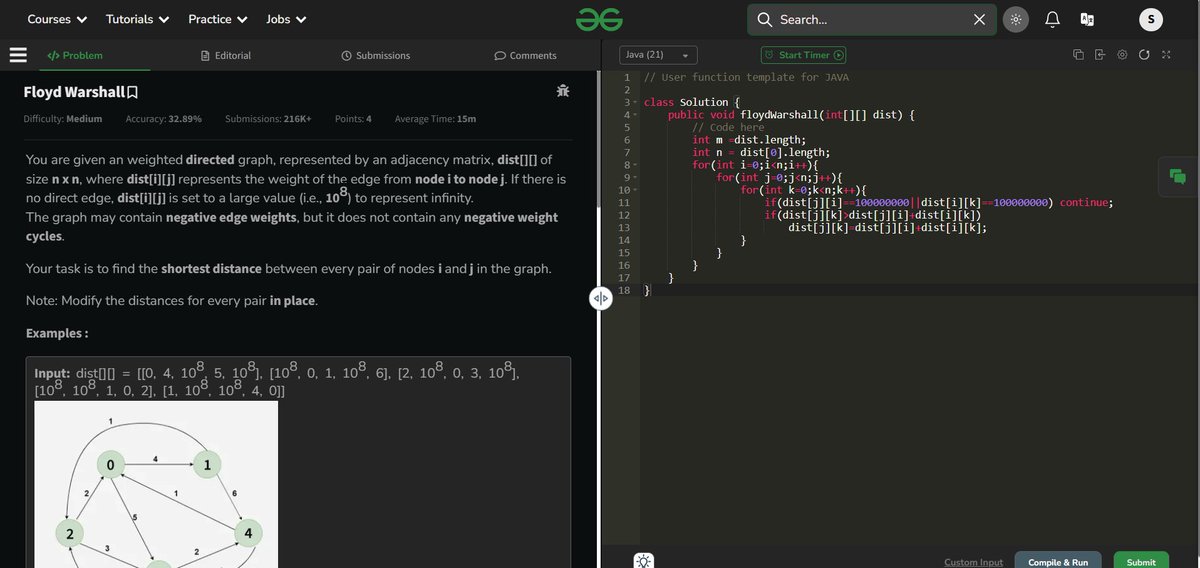 _Soumyadip_22's tweet image. - Solved LeetCode 1293 Shortest Path in a Grid with Obstacles Elimination using BFS (obstacle tracking)
- Practiced Bellman–Ford &amp; Floyd–Warshall pathfinding algorithms on GFG
#DSA #LeetCode #GraphAlgorithms #CompetitiveProgramming