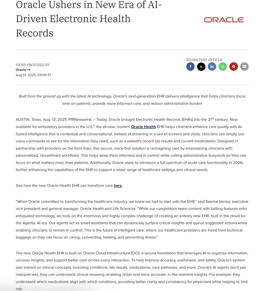 StockMKTNewz's tweet image. ORACLE $ORCL USHERS IN NEW ERA OF AI-DRIVEN ELECTRONIC HEALTH RECORDS
