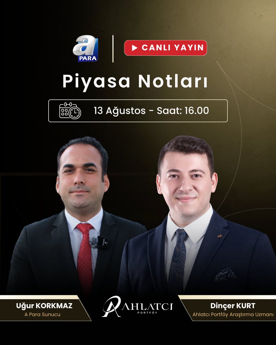 Ahlatcı Portföy Araştırma Uzmanı Dinçer Kurt, bugün saat 16.00’da A PARA ekranlarında, Uğur Korkmaz'ın sunduğu “Piyasa Raporu” programına canlı yayın konuğu olarak katılacak.

<a href="/apara_tv/">A Para</a> <a href="/dincerkurtX/">Dinçer Kurt</a>  <a href="/ugurrkorkmaz/">uğur korkmaz</a> 

#AhlatcıPortföy