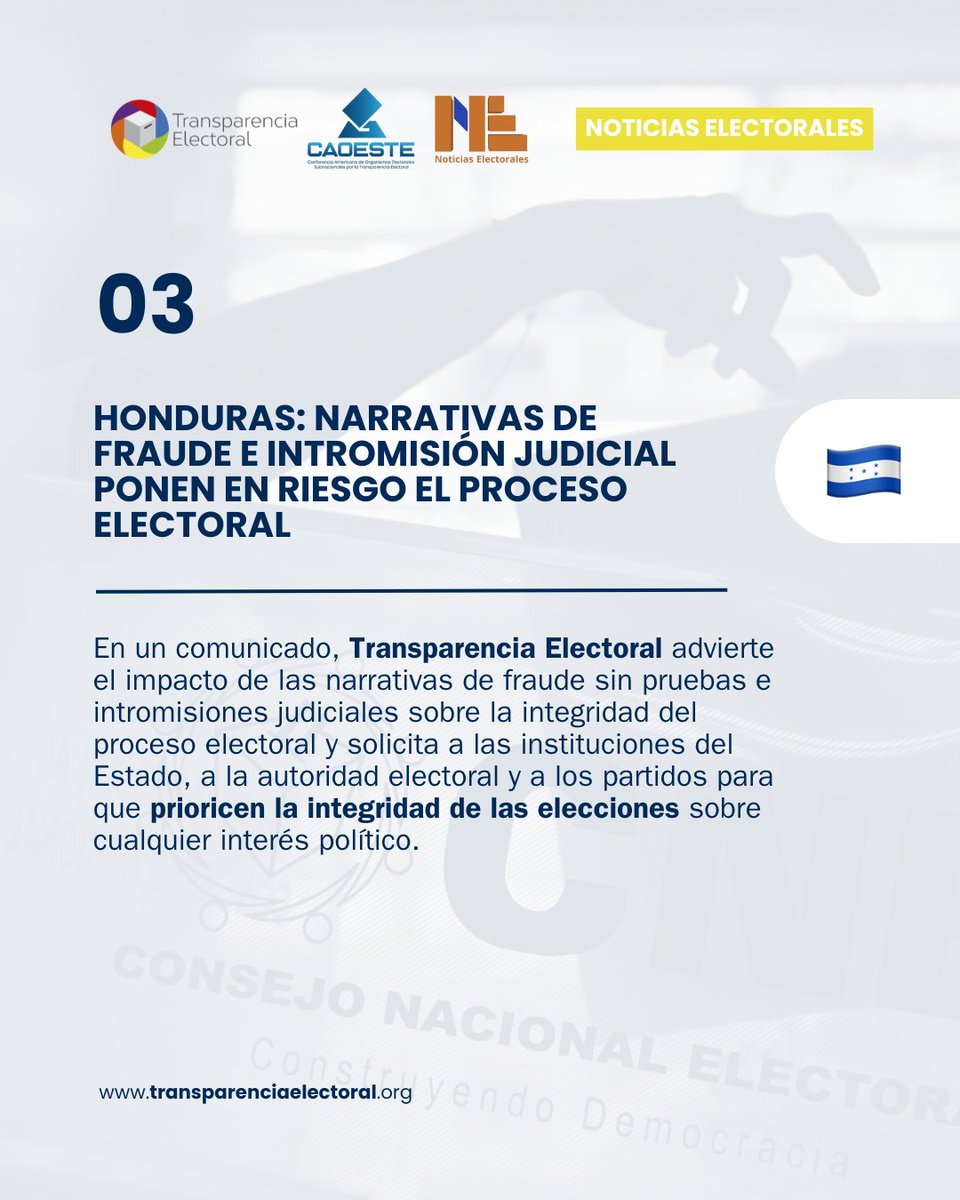 <a href="/JNE_Peru/">JNE Perú</a> <a href="/ONPE_oficial/">ONPE</a> 🇭🇳📢 En un comunicado, #TransparenciaElectoral advierte el impacto de las narrativas de fraude sin pruebas e intromisiones judiciales sobre la integridad del proceso electoral y solicita a las instituciones del Estado, a la autoridad electoral y a los partidos para que prioricen