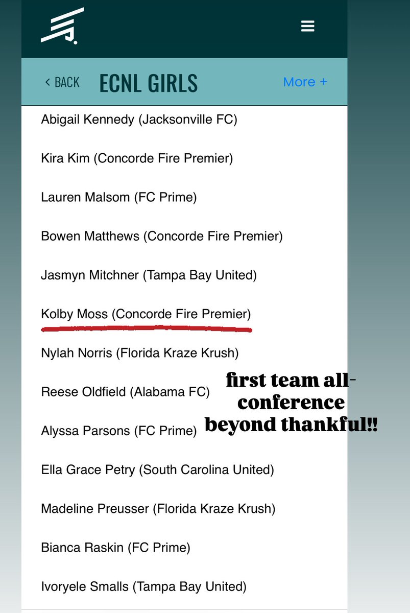 1st Team All <a href="/ECNLSoutheast/">ECNL Southeast Girls</a> Conference Thanks <a href="/ECNLgirls/">ECNL Girls</a> Congrats to my teammates <a href="/bowen_matthews7/">Bowen Matthews</a>, Kira, Avany
<a href="/ConcordeSoccer/">Concorde Fire Soccer</a> <a href="/GWWomensSoccer/">GW Women's Soccer</a> 
<a href="/TheSoccerWire/">SoccerWire</a>
<a href="/NXTLevel_FUTBOL/">Next Level Futbol Consultancy.</a> <a href="/TopDrawerSoccer/">TopDrawerSoccer</a> <a href="/ImYouthSoccer/">ECNL/GA/Recruiting/College Soccer</a> <a href="/PrepSoccer/">Prep Soccer ⚽️</a>