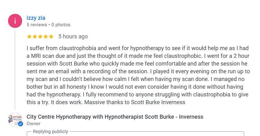 ScottBurke's tweet photo. Izzy, who had to undergo an MRI, wrote a wonderful review. She was a joy to work with, and despite her severe claustrophobia, she completed a two-hour scan comfortably. What an amazing lady! #hypnotherapy #scottburke #claustrophobia #mri https://t.co/sz1UPyyD1L