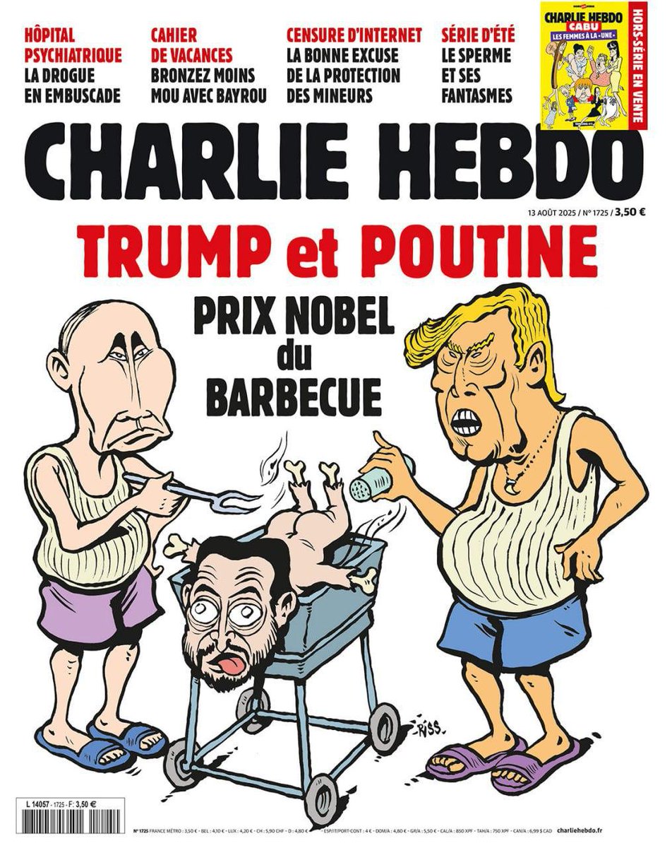 Сатиричний журнал Charlie Hebdo присвятив карикатуру прийдешньому саміту Трампа та путіна на Алясці.

"Нобелівська премія за барбекю", — підпис на малюнку.