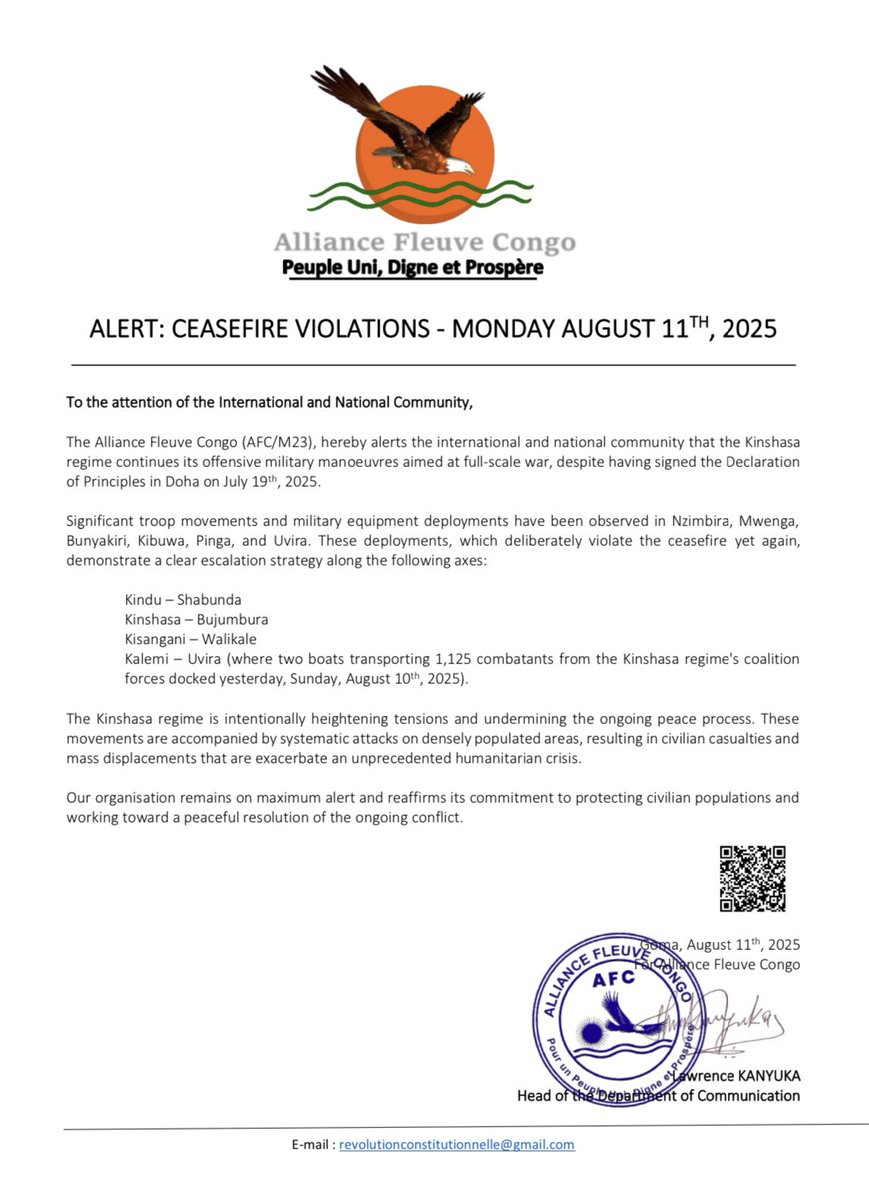 Clashes with the M23 happening in North Kivu and South Kivu, according to statements from both the Congolese army and the rebel group (which blame each other).