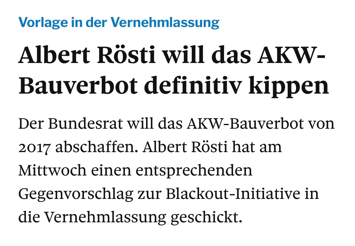 Wer sich der Atomenergie verweigert, riskiert Blackouts und torpediert das Netto-Null-Ziel.

Das Kernenergieverbot war ein ideologischer Fehler. Gut, dass der Bundesrat endlich zurückrudert.

<a href="/BlackoutStoppen/">Blackout stoppen</a>