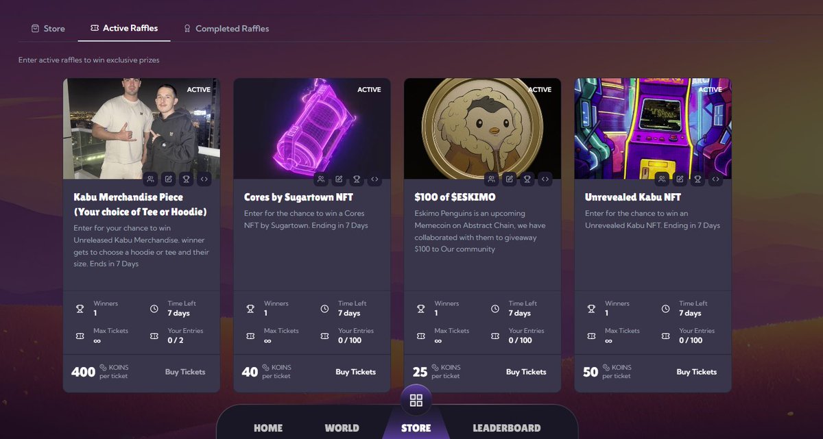 The Kabu Store has been restocked again 🌆

4 Raffles have been added including: 

- Unreleased Merchandise 👀 
- <a href="/visitsugartown/">Sugartown</a> Cores NFT 
- $100 of @Eskimo_Penguins 
- Unrevealed Kabu NFT 

Link to Our Store &amp; how to enter in the next tweet 👇🏼