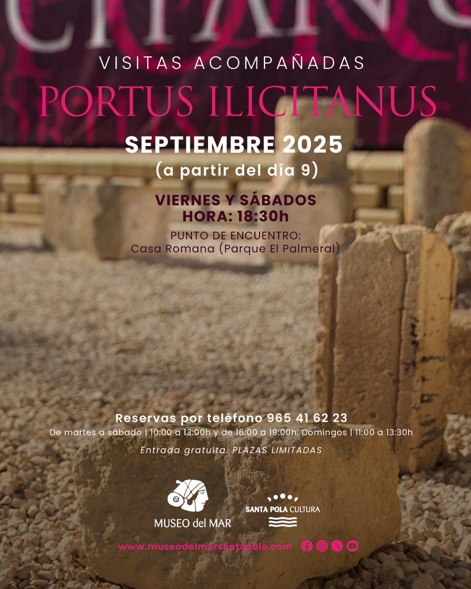 #SEPTIEMBRE 👉🏼 Visitas acompañadas gratuitas al #yacimientoarqueológico #PortusIlicitanus 🏺 Viernes y sábados a partir del día 9 a las 18:30h
ℹ️ Reservas ☎️ 965 41 62 23. Punto de encuentro: Casa romana 📍Parque 'El Palmeral' #SantaPola

#MuseodelMarSantaPola #cultura