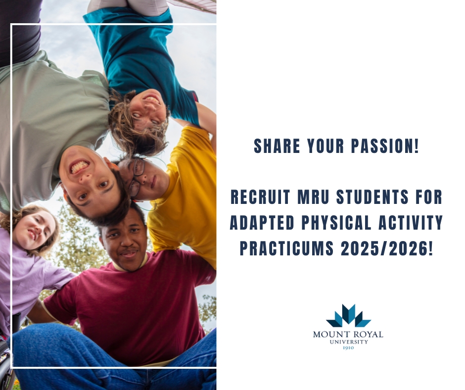 Calgary Adapted Hub powered by Jumpstart (@yycadaptedhub) on Twitter photo MRU is looking for guest speakers to help recruit Mount Royal students for adapted physical activity practicums!
Message dlegg@mtroyal.ca! MRU is looking for guest speakers to help recruit Mount Royal students for adapted physical activity practicums!
Message dlegg@mtroyal.ca!