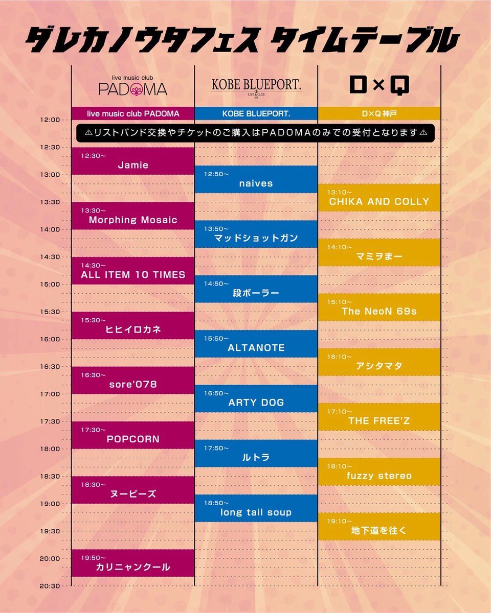 ヌーピーズ (@nooopy5) on Twitter photo 『ダレカノウタフェス カリニャンクール×PADOMA PRESENTS. 北野坂ライブハウスサーキット』
3会場/神戸 live music club PADOMA <a href="/padoma_kobe/">live music club PADOMA</a>
KOBE BLUEPORT. <a href="/KBlueport/">KOBE BLUEPORT .</a>
D×Q神戸 <a href="/dq_kobe2022/">D×Q 神戸</a>
2025.9.28 SUN.
OPEN/START 12:00〜 / 12:30〜
ADV / DOOR ¥2,500 / ¥3,000 (+1D) 『ダレカノウタフェス カリニャンクール×PADOMA PRESENTS. 北野坂ライブハウスサーキット』
3会場/神戸 live music club PADOMA <a href="/padoma_kobe/">live music club PADOMA</a>
KOBE BLUEPORT. <a href="/KBlueport/">KOBE BLUEPORT .</a>
D×Q神戸 <a href="/dq_kobe2022/">D×Q 神戸</a>
2025.9.28 SUN.
OPEN/START 12:00〜 / 12:30〜
ADV / DOOR ¥2,500 / ¥3,000 (+1D)
