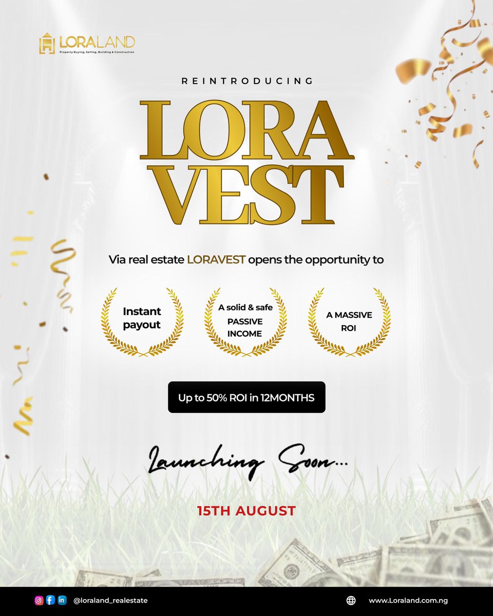 loralands's tweet photo. 💥 REINTRODUCING LORAVEST 💥
Your gateway to instant payouts, safe &amp; solid passive income, and a massive ROI all through real estate!
📈 Earn up to 50% ROI in just 12 months!
🚀 Launching 15th August  don’t miss this golden opportunity to grow your wealth the smart way. https://t.co/Qsp1KNXEkX