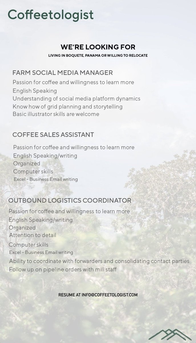 Vacantes en Boquete, Panamá. 
Repost para que le llegue a alguien en Chiriquí por favor! 🌟